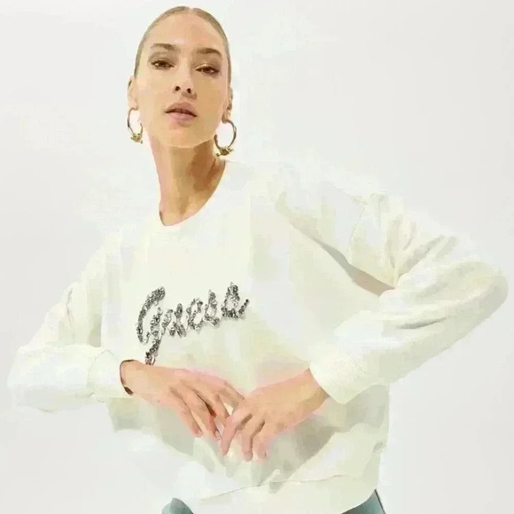 NEW! Guess Women's XL Manila Logo Fleece Jumper Sweatshirt NWT $98 - Picture 1 of 4